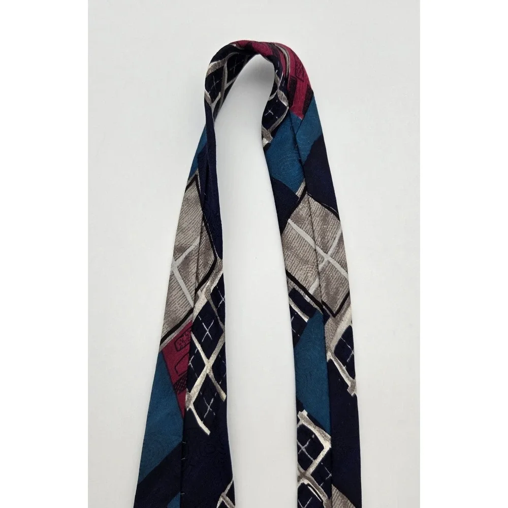 Bugatti Silk Neck Tie‎ Mens Vintage Abstract Geometric Blue Red Dress Tie